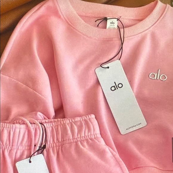 ALO Yoga Pink Cropped Sweatshirt & Shorts Set - Picture 4 of 6